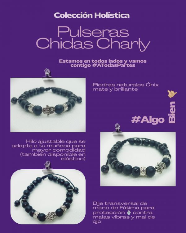 Pulsera ajustable de piedras naturales ónix mate y brillante con dije de mano de Fátima plateada