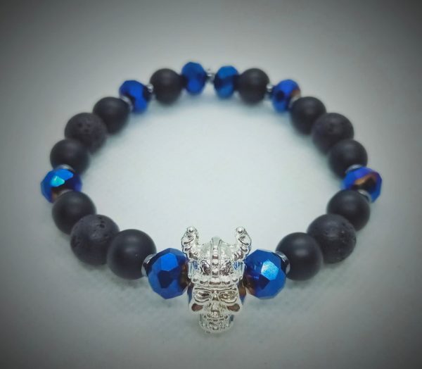 Pulsera de cabeza de Vikingo plateado con piedras naturales ónix, roca volcánica y cristales azules
