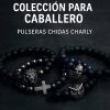 Pulsera de calavera plateada con piedras naturales ónix, hematita y caucho congelado transparente