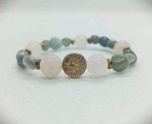 Pulsera elástica de árbol de la vida con labradorita, cuarzo rosa y hematita dorada