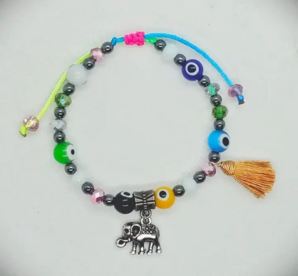 Pulsera ajustable de ojos turcos, cristales facetados, hematitas y dije de Elefante plateado