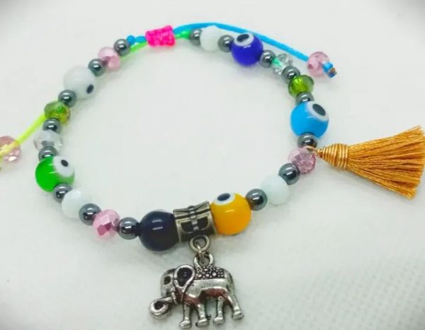 Pulsera ajustable de ojos turcos, cristales facetados, hematitas y dije de Elefante plateado