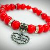 Pulsera ajustable de piedras naturales howlita roja, separadores de hematita y dije colgante de corazón-love plateado